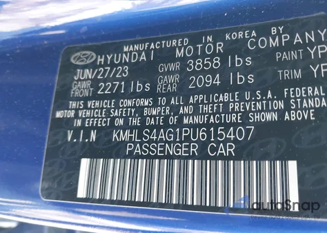 2023 Hyundai Elantra z USA, uszkodzony, nr VIN KMHLS4AG1PU615407
